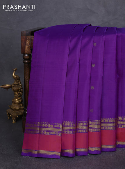Pure kanchipuram silk saree purple and dual shade of pinkish orange with zari woven buttas and rettapet zari woven border