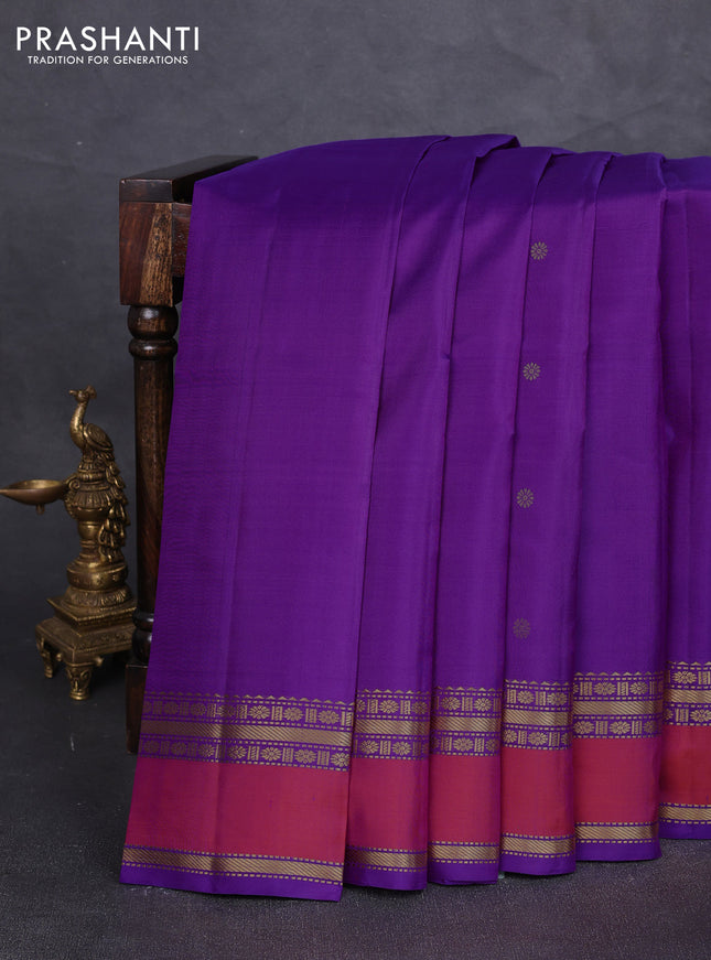 Pure kanchipuram silk saree purple and dual shade of pinkish orange with zari woven buttas and rettapet zari woven border