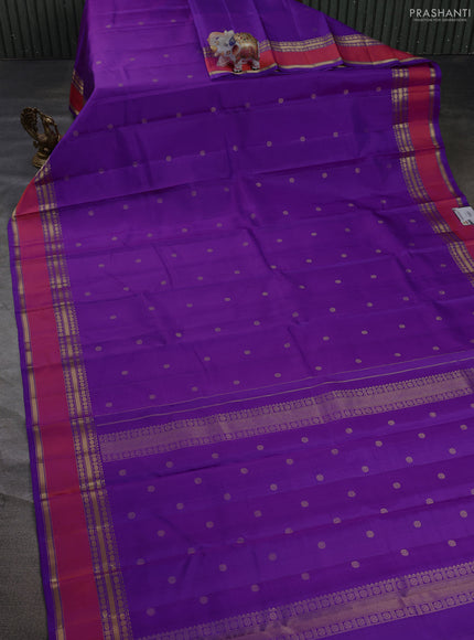 Pure kanchipuram silk saree purple and dual shade of pinkish orange with zari woven buttas and rettapet zari woven border