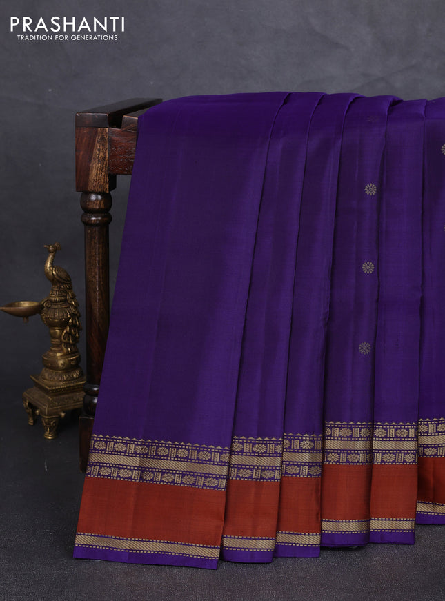 Pure kanchipuram silk saree violet and orange with zari woven buttas and rettapet zari woven border