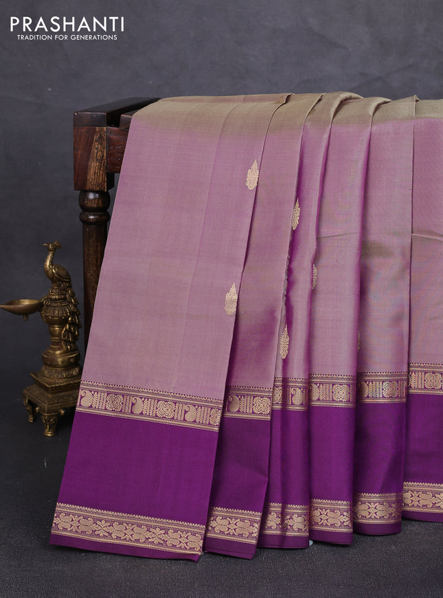 Pure kanchipuram silk saree pastel purple and purple with zari woven buttas and long rettapet zari woven border