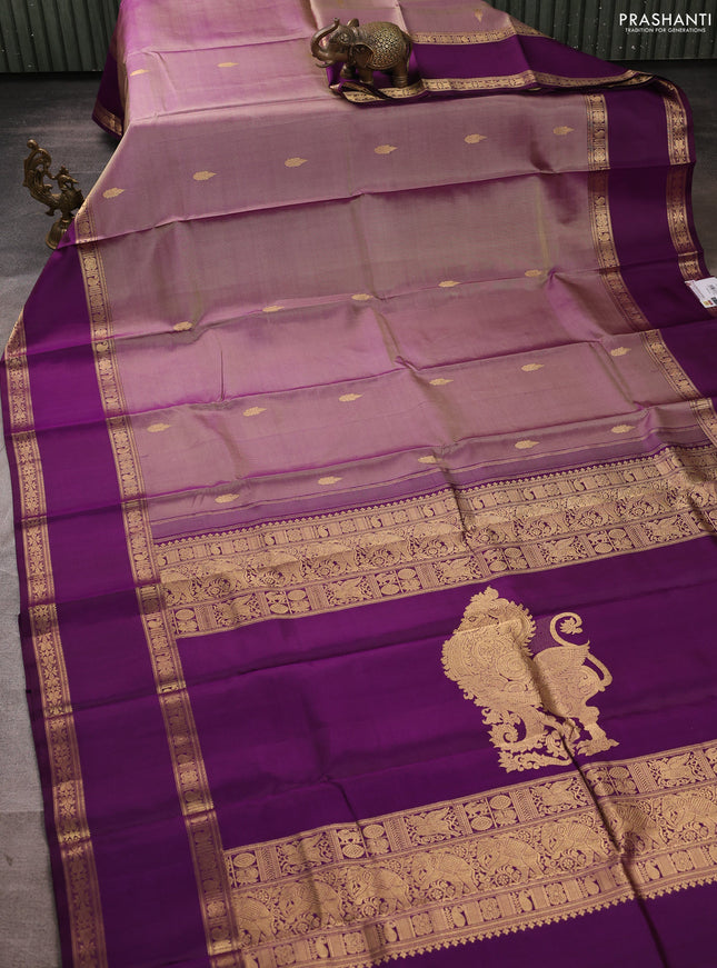Pure kanchipuram silk saree pastel purple and purple with zari woven buttas and long rettapet zari woven border