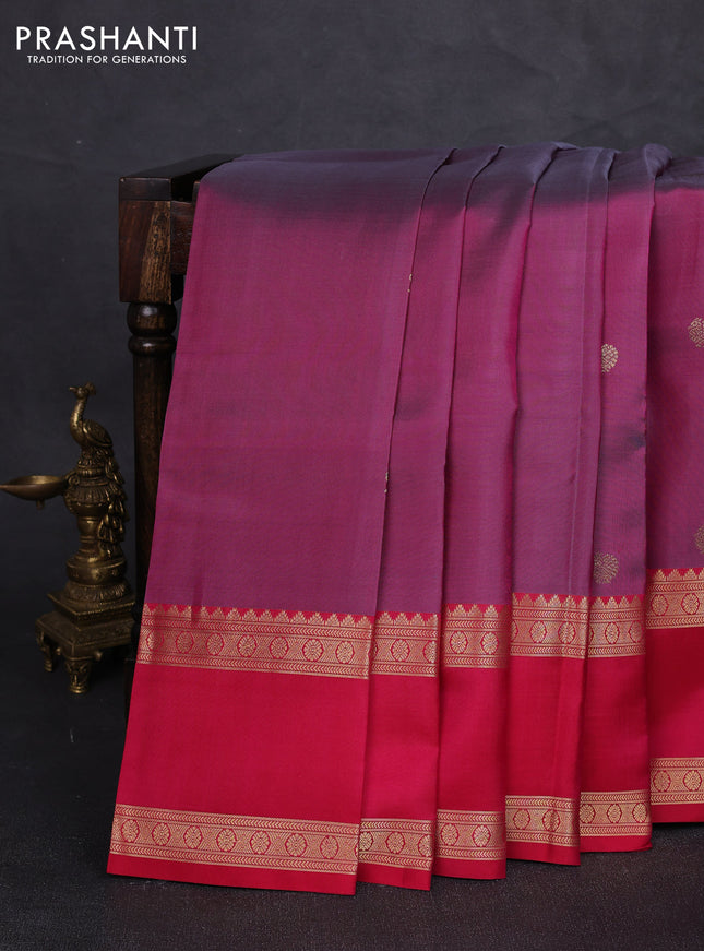 Pure kanchipuram silk saree purple shade and tomato pink with annam zari woven buttas and long rettapet zari woven border