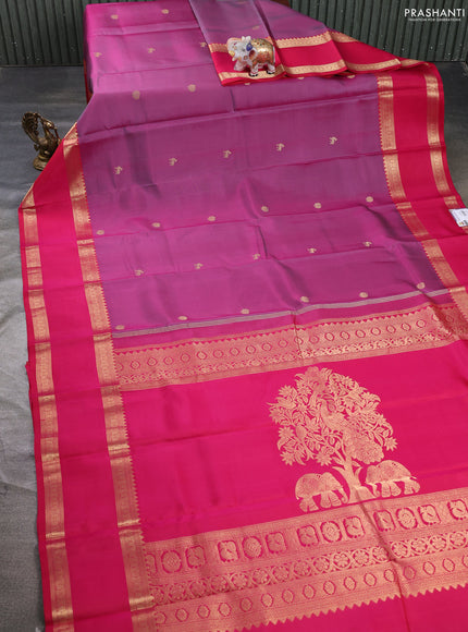 Pure kanchipuram silk saree purple shade and tomato pink with annam zari woven buttas and long rettapet zari woven border