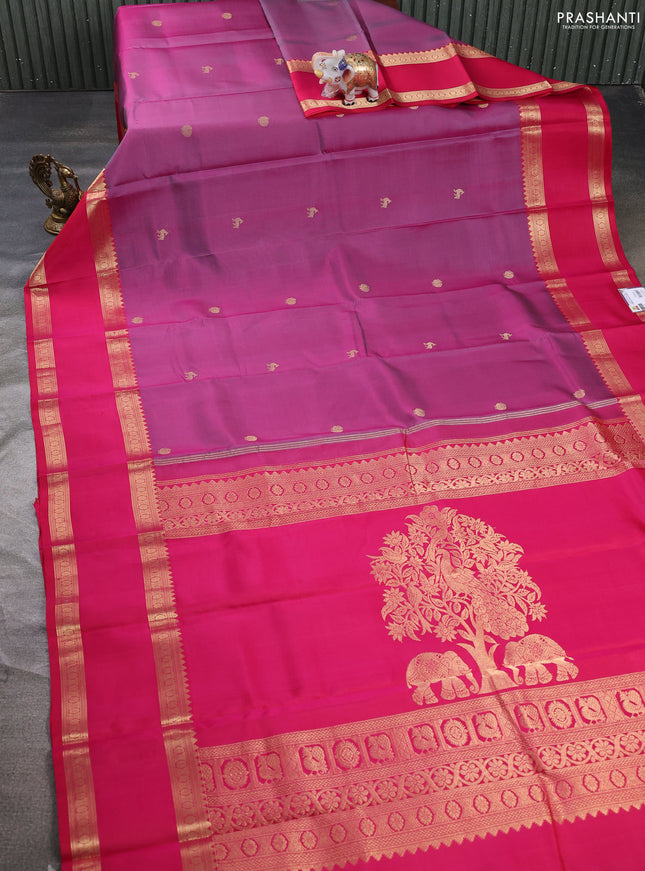 Pure kanchipuram silk saree purple shade and tomato pink with annam zari woven buttas and long rettapet zari woven border