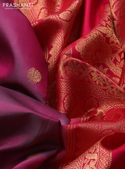 Pure kanchipuram silk saree purple shade and tomato pink with annam zari woven buttas and long rettapet zari woven border