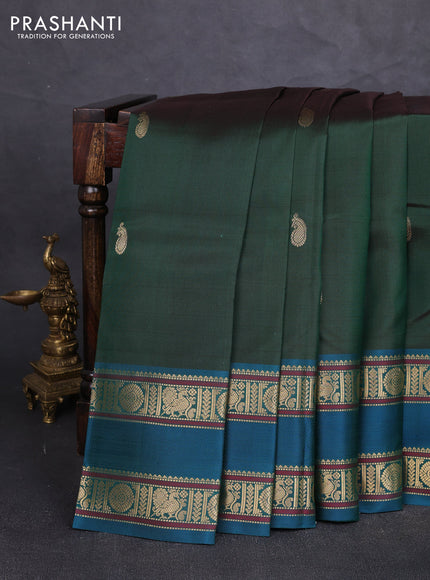 Pure kanchipuram silk saree bottle green and peacock green with paisley zari woven buttas and rettapet zari woven border