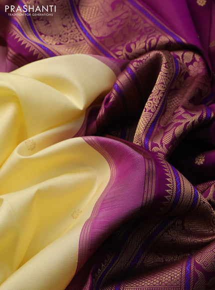 Pure kanchipuram silk saree cream and wine shade with zari woven buttas and temple design rettapet zari woven border