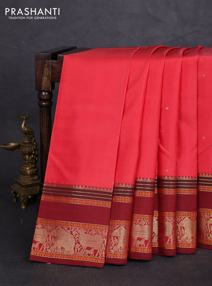 Pure kanchipuram silk saree red and maroon with zari woven buttas and long rettapet zari woven border
