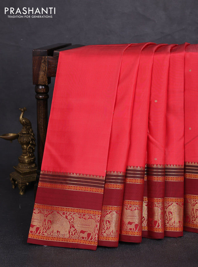 Pure kanchipuram silk saree red and maroon with zari woven buttas and long rettapet zari woven border