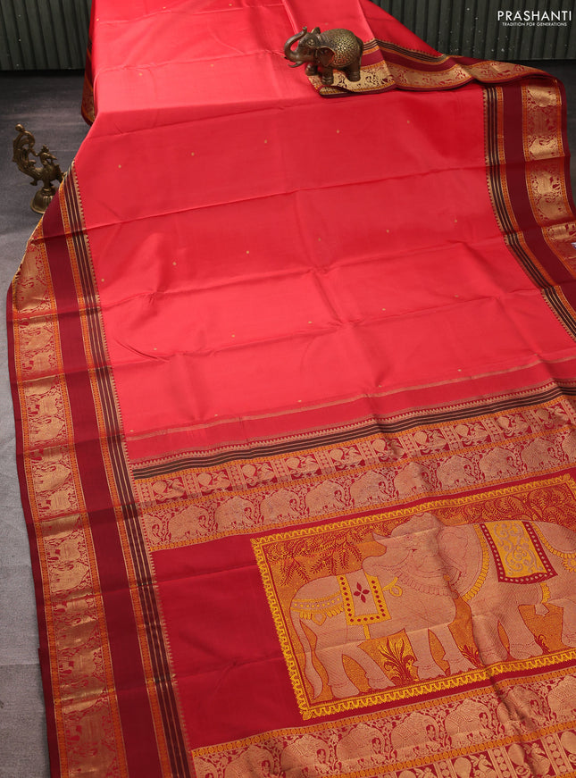 Pure kanchipuram silk saree red and maroon with zari woven buttas and long rettapet zari woven border