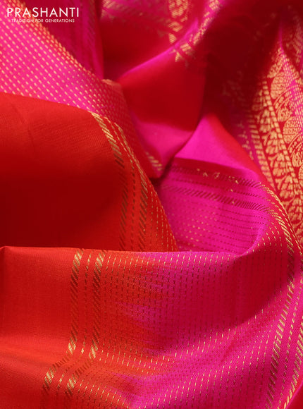 Pure kanchipuram silk saree orange and pink with allover zari woven buttas and long zari woven border