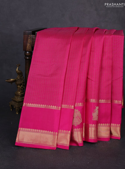 Pure kanchipuram silk saree dark pink with allover small zari checked pattern and rettapet zari woven butta border