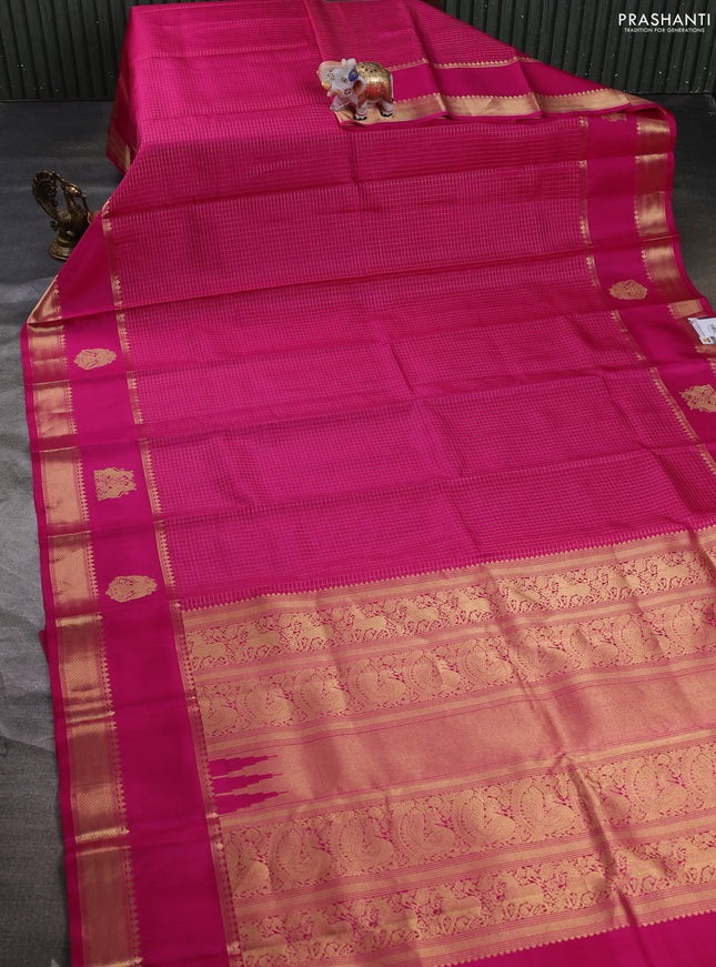 Pure kanchipuram silk saree dark pink with allover small zari checked pattern and rettapet zari woven butta border