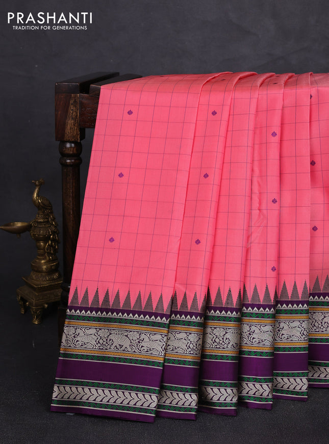 Pure kanchipuram silk saree candy pink and purple with allover checks & thread woven buttas and temple design thread woven border