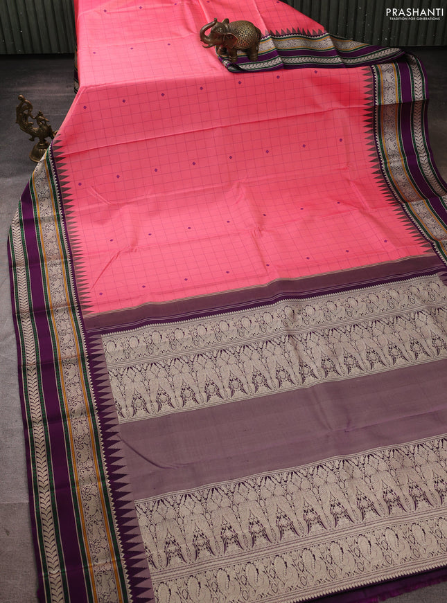 Pure kanchipuram silk saree candy pink and purple with allover checks & thread woven buttas and temple design thread woven border