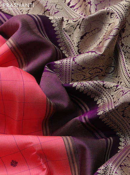 Pure kanchipuram silk saree candy pink and purple with allover checks & thread woven buttas and temple design thread woven border