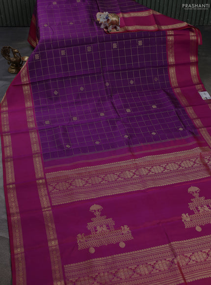 Pure kanchipuram silk saree purple and pink with allover zari checked pattern and rettapet zari woven butta border