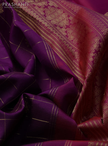 Pure kanchipuram silk saree purple and pink with allover zari checked pattern and rettapet zari woven butta border