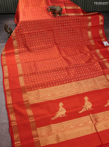 Pure kanchipuram silk saree rust shade with allover zari checks & buttas and rettapet long zari woven butta border