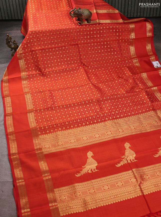 Pure kanchipuram silk saree rust shade with allover zari checks & buttas and rettapet long zari woven butta border