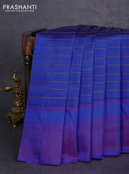 Pure kanchipuram silk saree blue and pink with allover thread stripes and simple border