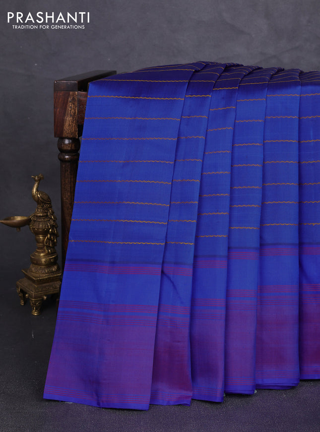 Pure kanchipuram silk saree blue and pink with allover thread stripes and simple border