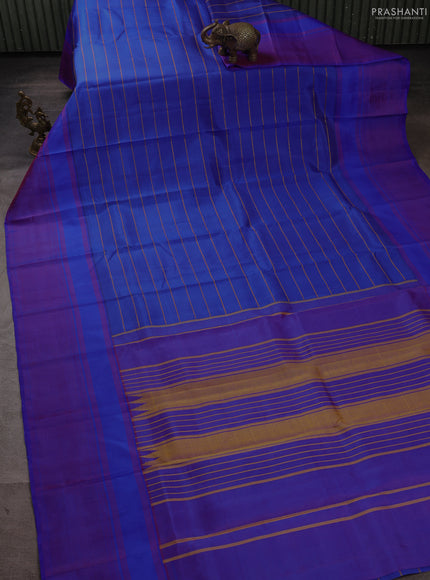 Pure kanchipuram silk saree blue and pink with allover thread stripes and simple border