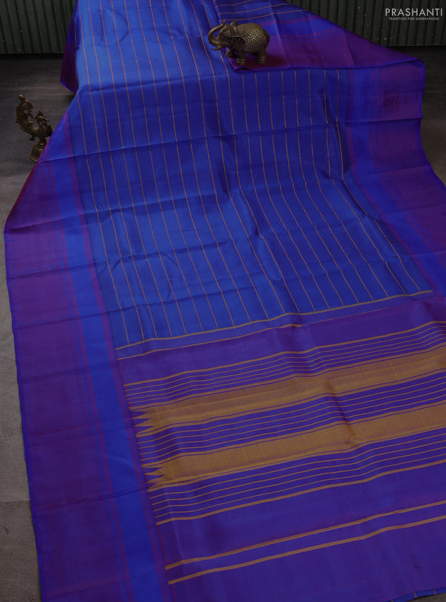 Pure kanchipuram silk saree blue and pink with allover thread stripes and simple border