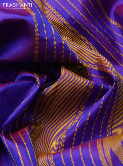 Pure kanchipuram silk saree blue and pink with allover thread stripes and simple border