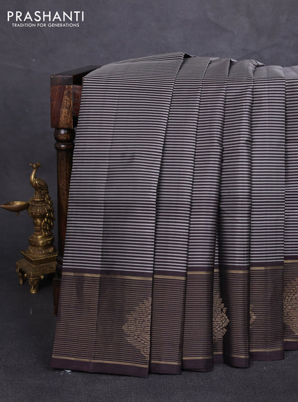 Pure kanchipuram silk saree grey and coffee brown with allover stripe pattern and long zari woven border