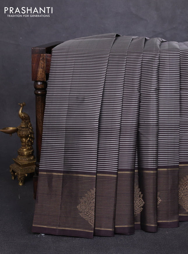 Pure kanchipuram silk saree grey and coffee brown with allover stripe pattern and long zari woven border