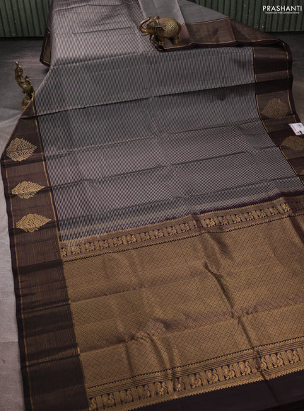 Pure kanchipuram silk saree grey and coffee brown with allover stripe pattern and long zari woven border