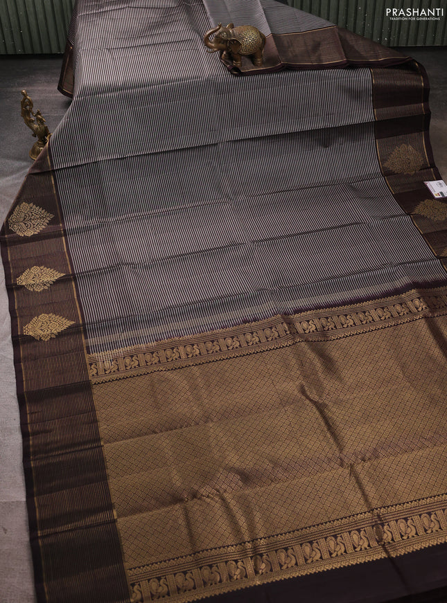 Pure kanchipuram silk saree grey and coffee brown with allover stripe pattern and long zari woven border
