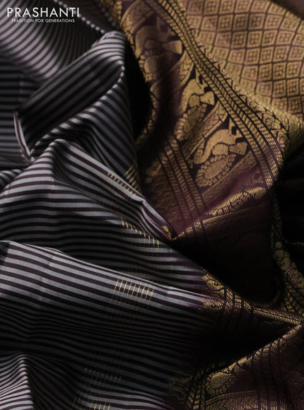 Pure kanchipuram silk saree grey and coffee brown with allover stripe pattern and long zari woven border