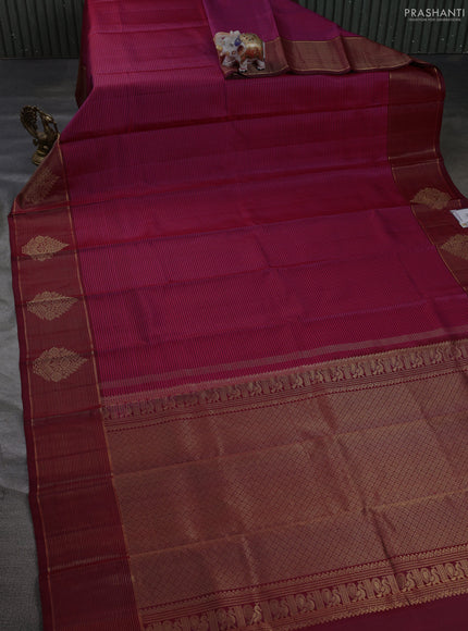 Pure kanchipuram silk saree pink and maroon with allover stripe pattern and long zari woven border
