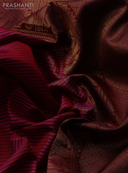 Pure kanchipuram silk saree pink and maroon with allover stripe pattern and long zari woven border