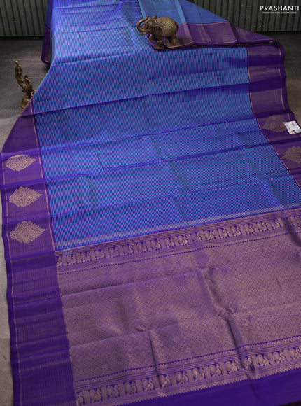 Pure kanchipuram silk saree teal blue and royal blue with allover stripe pattern and long zari woven border