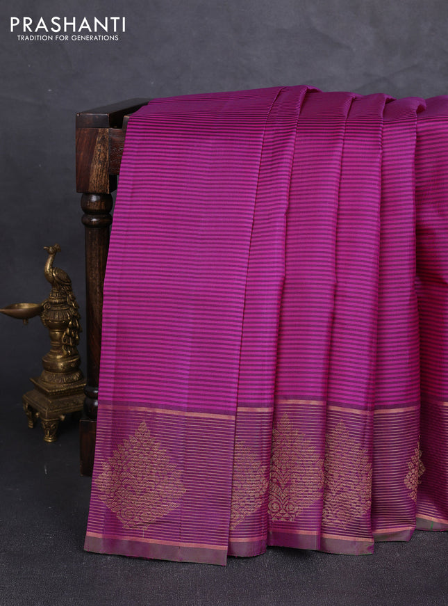 Pure kanchipuram silk saree pink and dual shade of green with allover stripe pattern and long zari woven border