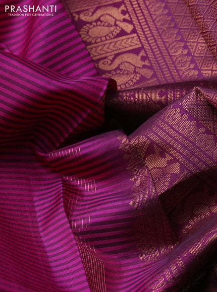 Pure kanchipuram silk saree pink and dual shade of green with allover stripe pattern and long zari woven border