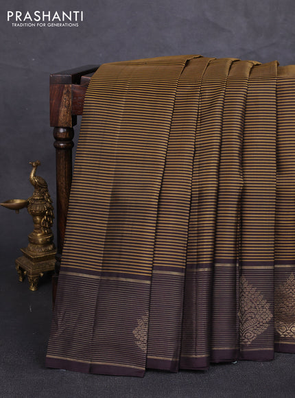 Pure kanchipuram silk saree mustard green and coffee brown with allover stripe pattern and long zari woven border