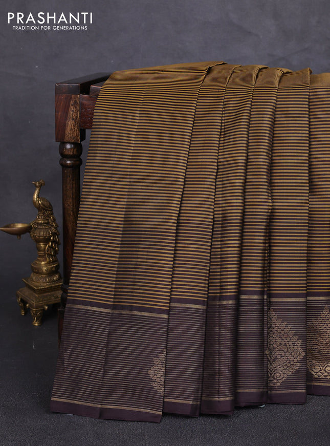 Pure kanchipuram silk saree mustard green and coffee brown with allover stripe pattern and long zari woven border