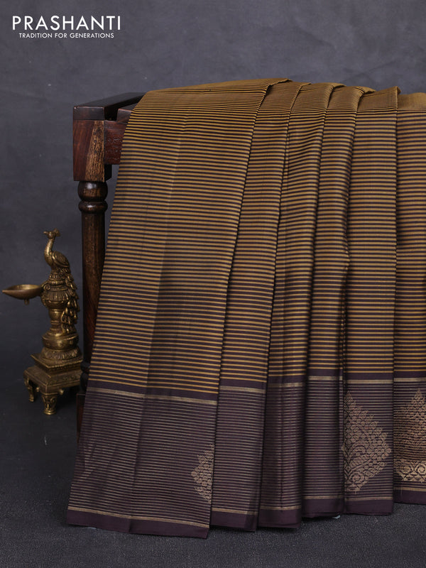 Pure kanchipuram silk saree mustard green and coffee brown with allover stripe pattern and long zari woven border