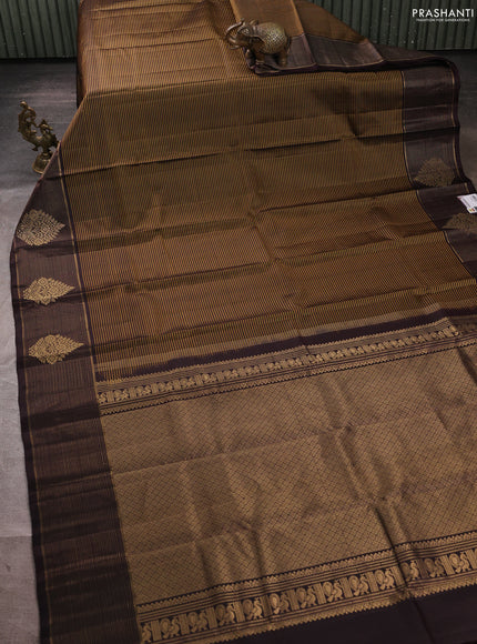 Pure kanchipuram silk saree mustard green and coffee brown with allover stripe pattern and long zari woven border