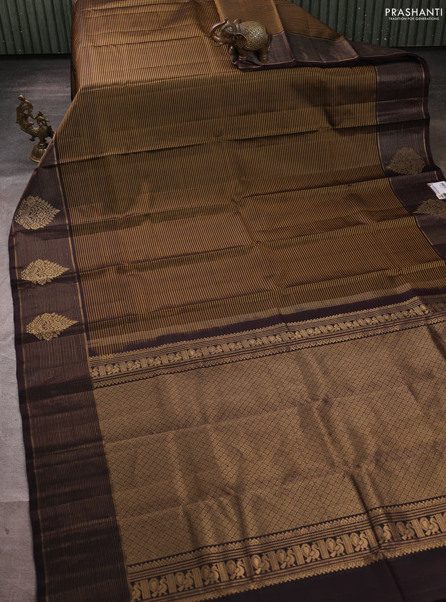 Pure kanchipuram silk saree mustard green and coffee brown with allover stripe pattern and long zari woven border