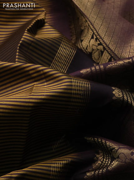 Pure kanchipuram silk saree mustard green and coffee brown with allover stripe pattern and long zari woven border