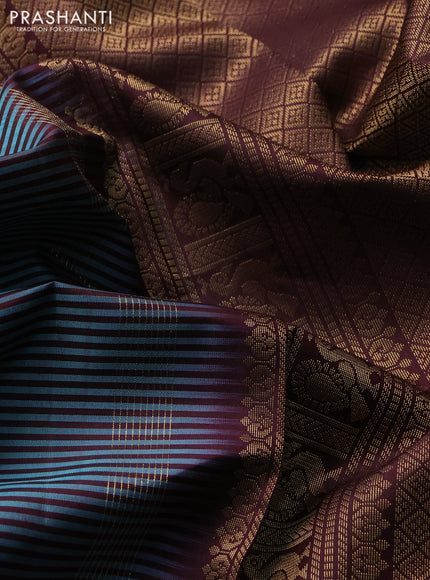 Pure kanchipuram silk saree teal blue and coffee brown with allover stripe pattern and zari woven border