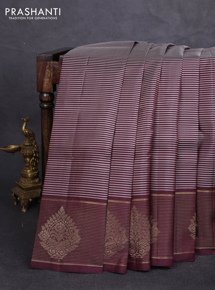 Pure kanchipuram silk saree grey and coffee brown with allover stripe pattern and zari woven border