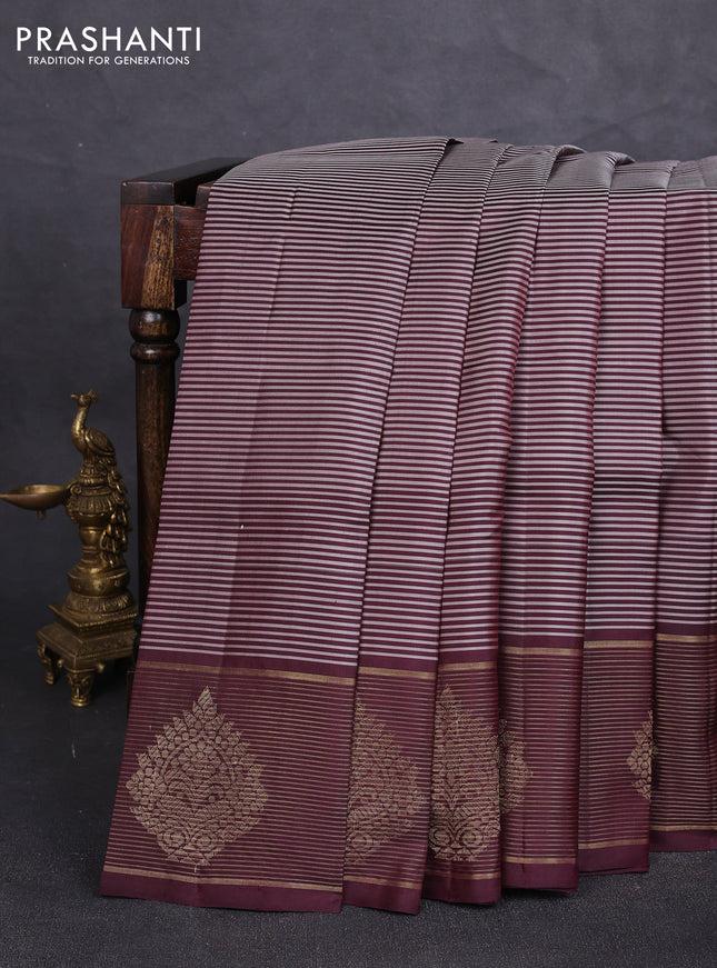 Pure kanchipuram silk saree grey and coffee brown with allover stripe pattern and zari woven border