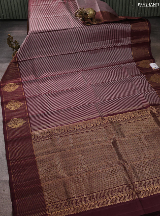 Pure kanchipuram silk saree grey and coffee brown with allover stripe pattern and zari woven border